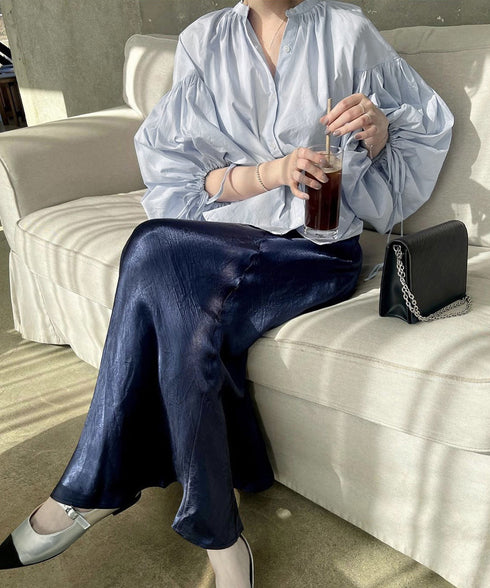 ランタンスリーブシャツブラウスレディース ぽわん袖ブラウス きれいめ ドロップショルダートップス着やせ 大人可愛い スキッパーシャツおしゃれ 韓国風春夏服ゆったり 2DAIWEI-004